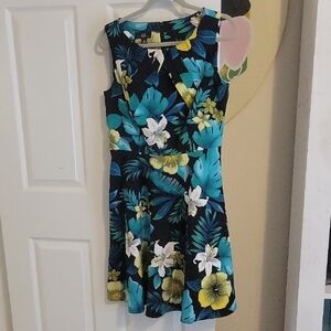 AGB Sz12 Tropical Floral Sleeveless Dress - Blue Yellow Criss cross neckline